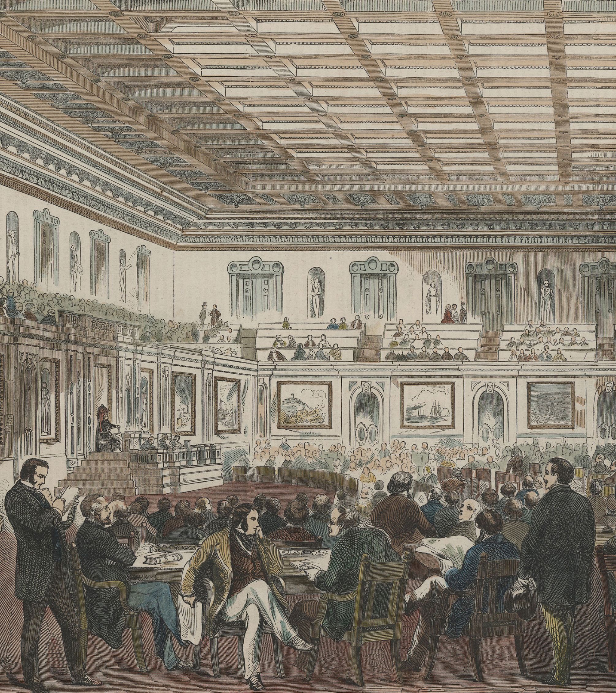 Wood engraving of the newly opened House chamber in 1858.